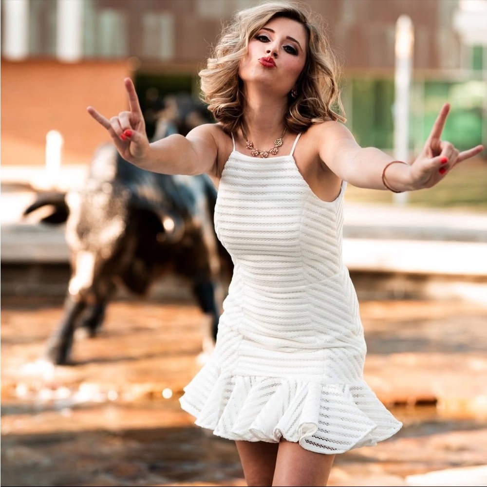 Size 6 Bardot White Striped Ruffle Bottom Mini Dress (Great for graduation!)